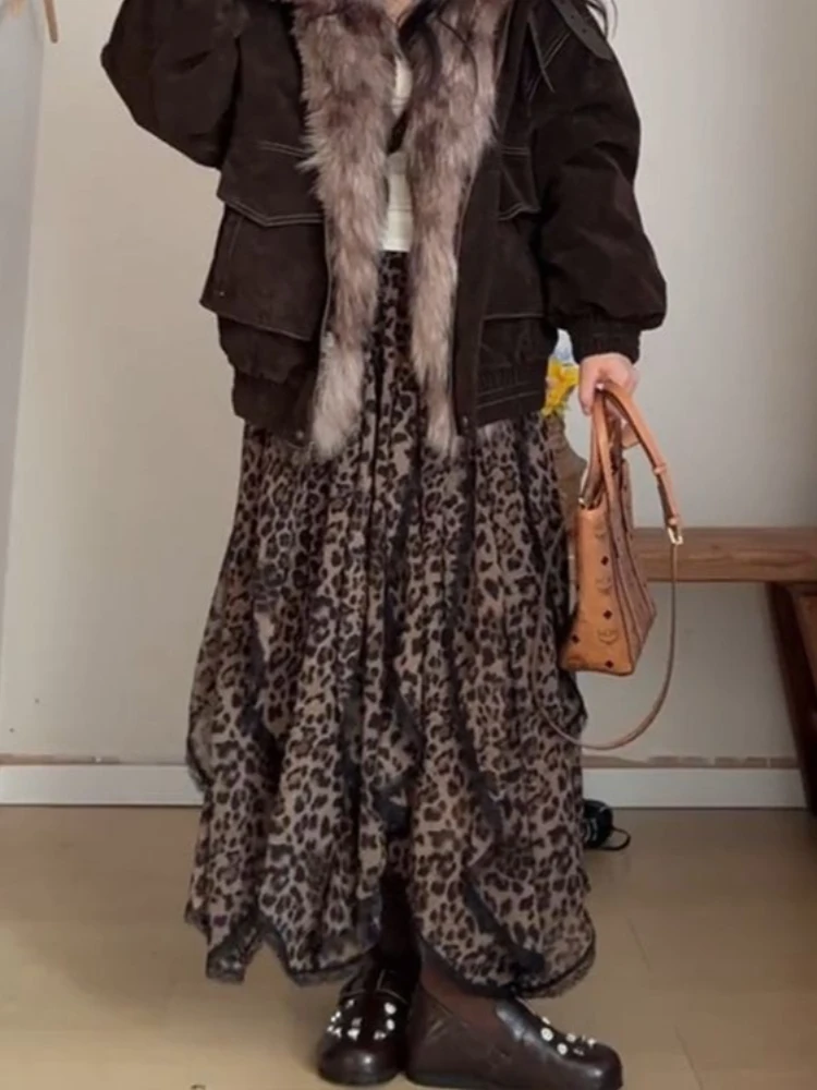 2000 Aesthetic Japanese Vintage Brown Leopard Skirts Women American Retro Hottie Cake Skirt Harajuku Korean Popular Clothes 2026