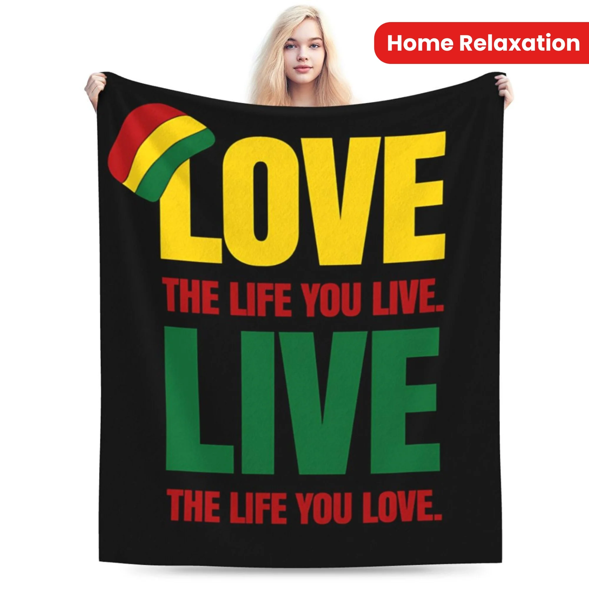

Home Relaxation, Reggae-Inspired Rasta Flannel Throw Blanket - Love The Life You Live Motif, Soft, Machine Washable, All-Season