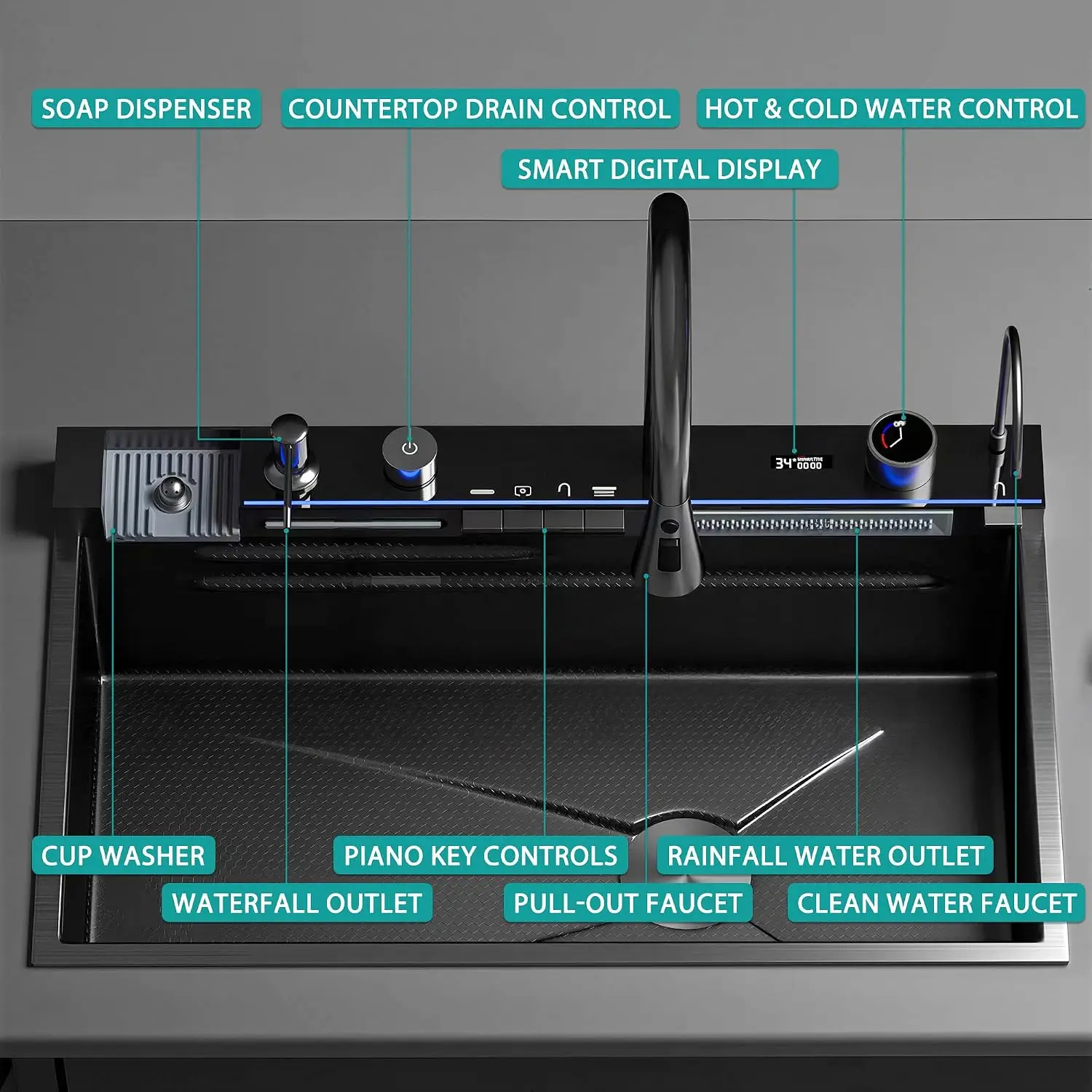 Smart Waterfall Kitchen Sink, 31.5