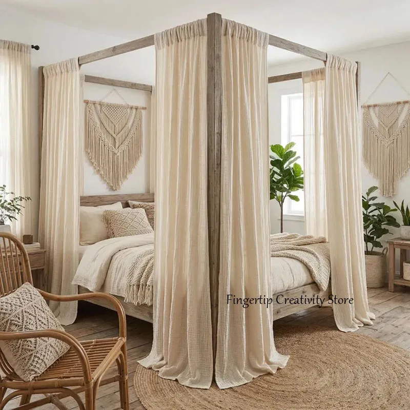 Gekräuselte 100% Baumwoll-Musselin Bettbaldachin-Paneele, Boho Schlafzimmer-Vorhänge, Weiche Atmungsaktive Vierpfosten-Bettvorhänge Wohnzimmerdekoration – Detail 3
