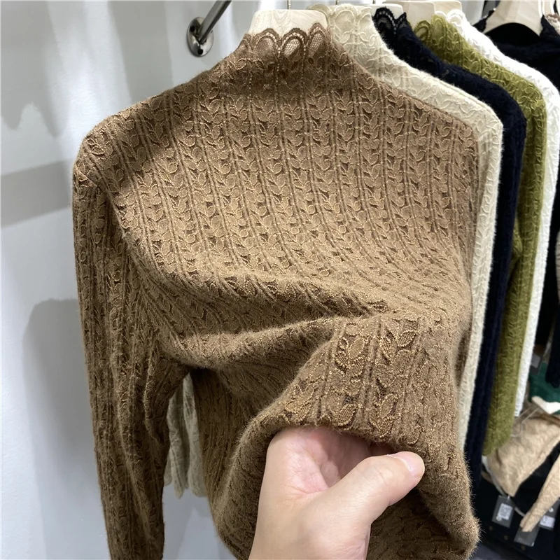 

Autumn Winter Fleece Lined Thickened Half High Collar Lace Shirt Women's Base Layer Shirt Stylish Inner Wear Korean Style Sli...