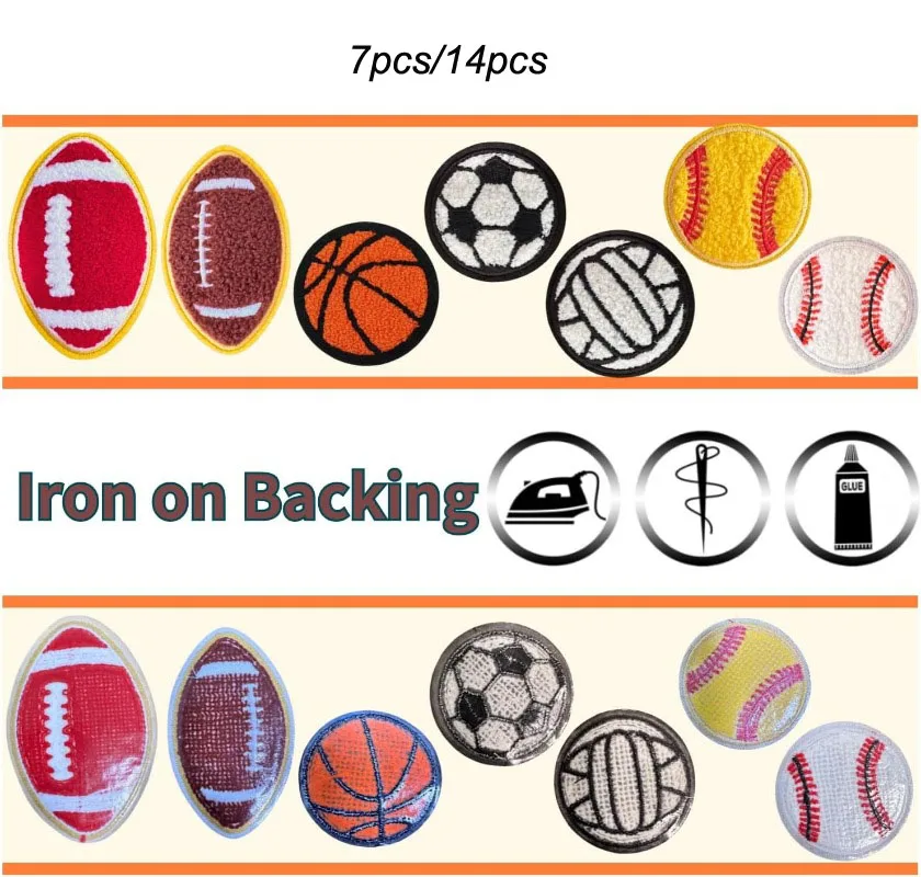 7pcs/14Pcs Ball Chenille Iron on Patches Sports Baseball Basketball Soccer Patches Sew on Embroidered  DIY Accessory for Clothes