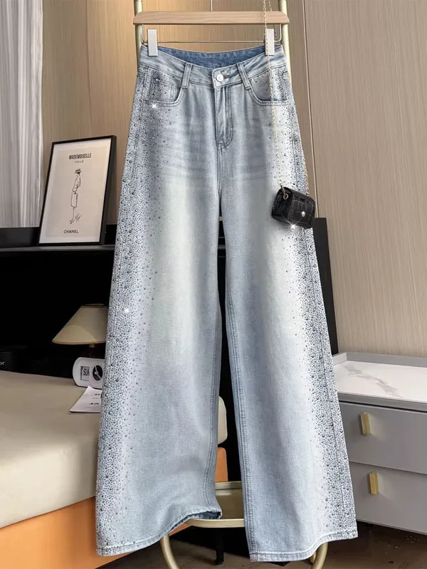 

Slimming High Waist Denim Pants Spring Season Star Pattern Double Sided Rhinestones Straight Leg Wide Leg Pants Drapey Long T...