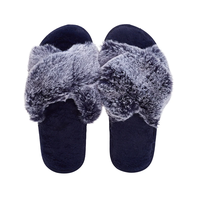 

New House Blue Furry Slipper Women Winter Women Cross Fluffy Fur Home Slide Flat Indoor Floor Shoes Ladies Flip Flops