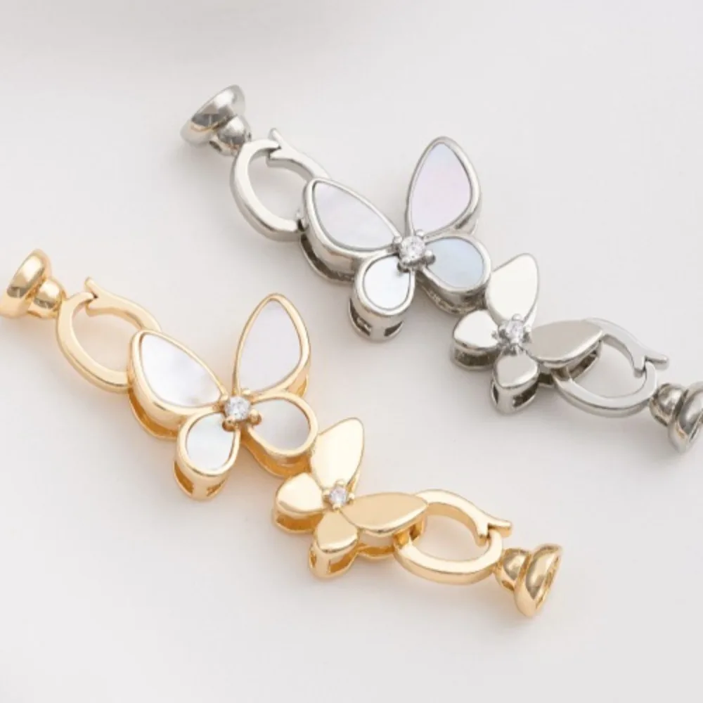 

Copper Clasps 14K Gold Color Natural White Shell Double Butterfly Double Head Buckle DIY Handmade Pearl Necklace Sweater Chain