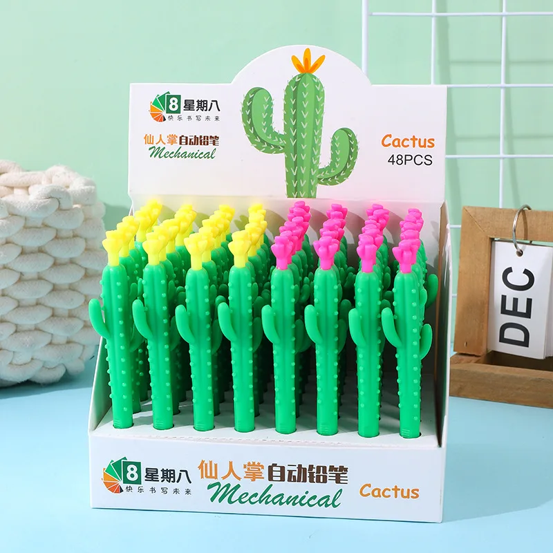 

48PCS/Set Cute Silica Gel Mechanical Pencil Cartoon Cactus 0.5mm Green Pen Korean Stationery Holder School Office Supplies