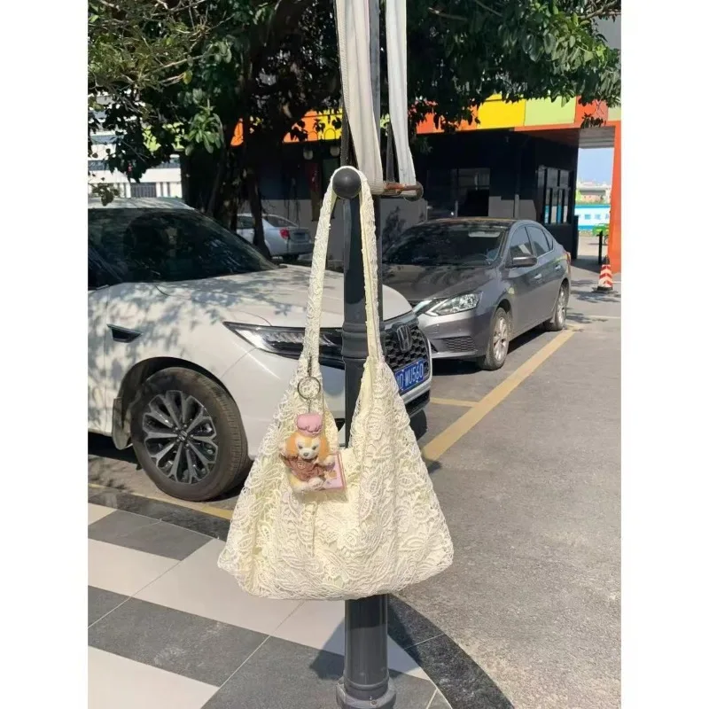 

Lace-Trimmed Summer Tote Bag, Elegant Cotton Shopper with Inner Compartment, Garden Party Style