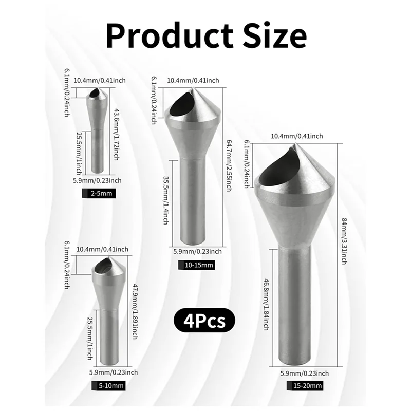AEE6-Set Mata Bor Countersink, 4 Buah Alat Talang Batang Bulat HSS(4241) Mata Bor Countersink, untuk Kayu, Logam, Plastik, Perak