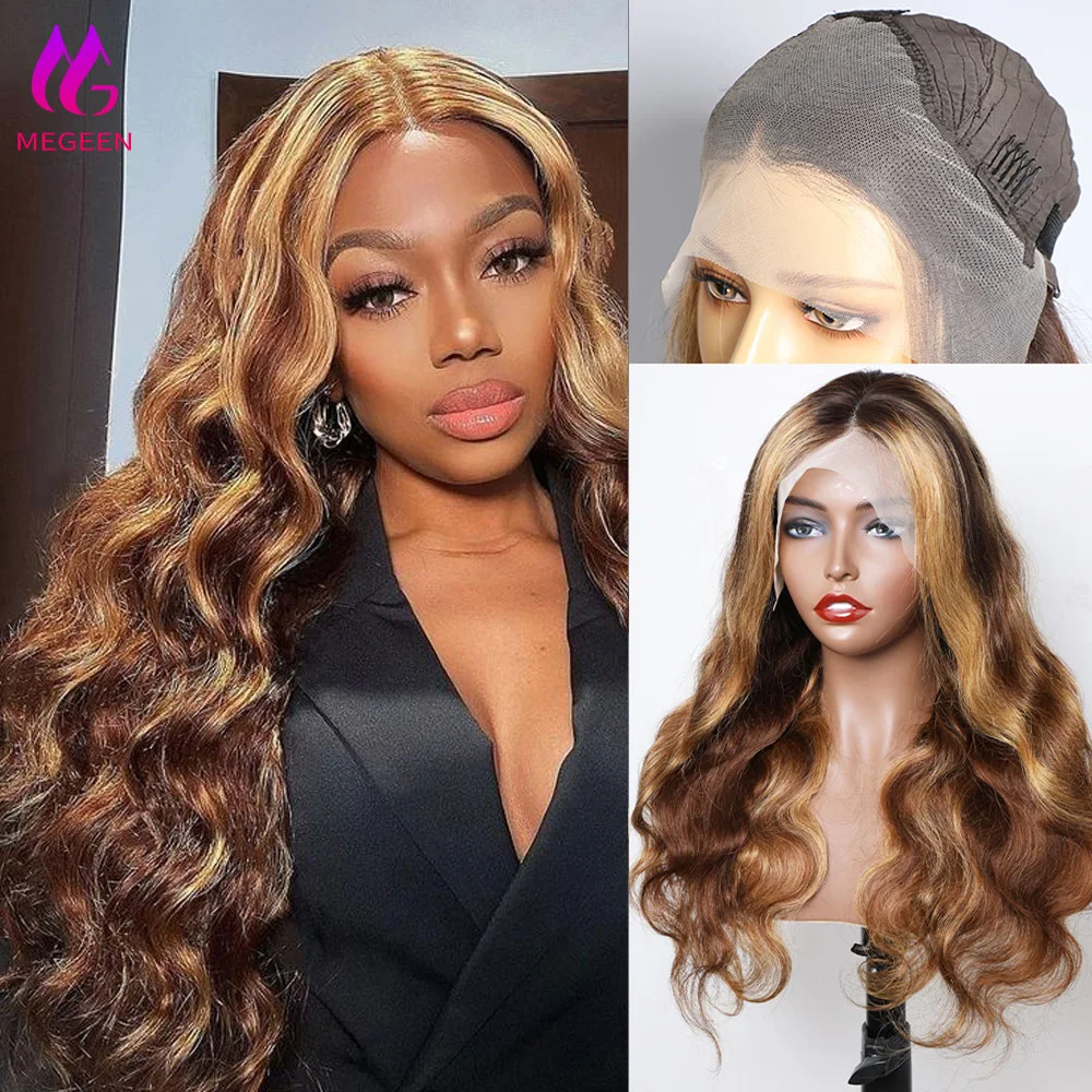 

Megeen Body Wave 13X4 Lace Front Wig 13X4 Transparent Lace Frontal Wig Human Hair P4/27 Highlight Honey Blonde Ombre Colored Wig