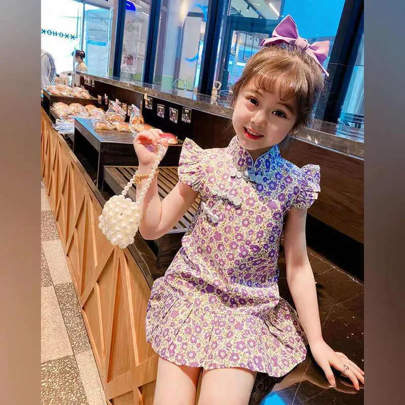 Summer Baby Girl Choengsam Dress Chinese Style Hanfu Retro Print Princess Dress Ruffle Sleeve Flower Print Kid Dress Qipao A1240