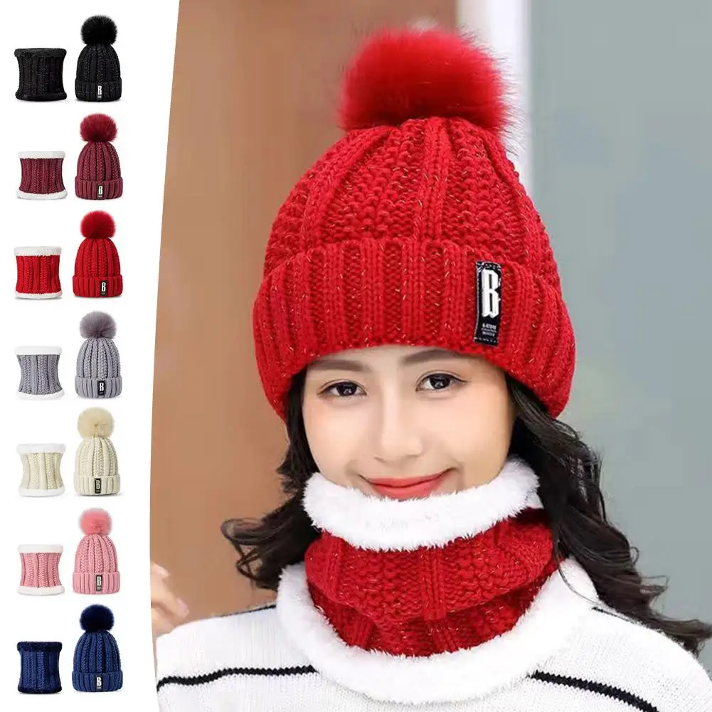 2PCS winter warm knit hat set Winter hat thick plush windproof cold casual warm hat scarf