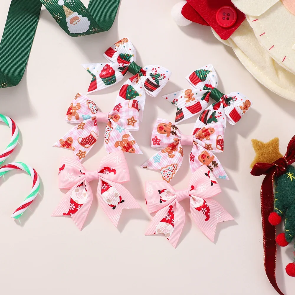 6 個クリスマスヘアクリップセット女の子のためのサンタクロースプリント弓ヘアピン帽子ヘアアクセサリーギフト新しい帽子