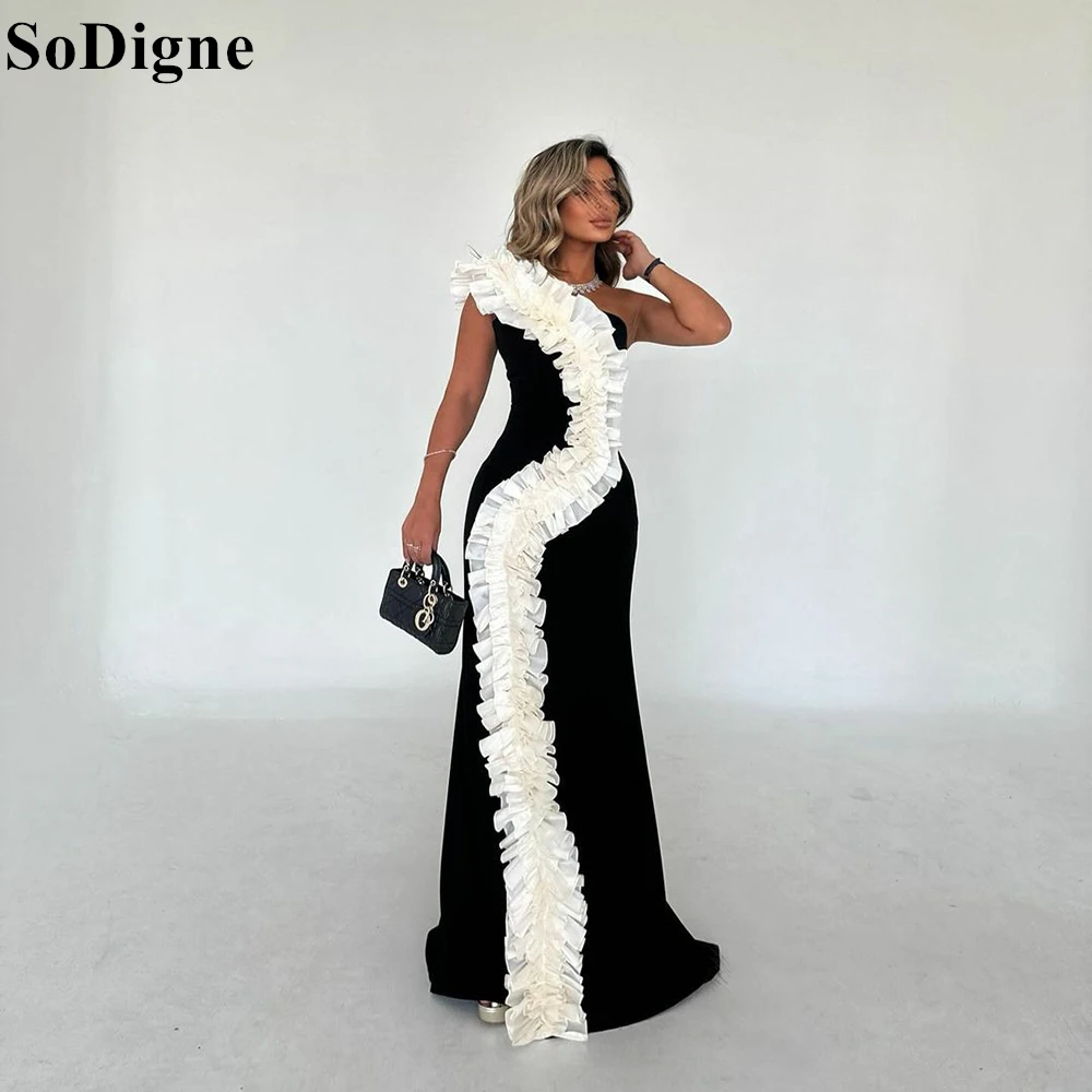 

SoDigne Elegant Black and White Evening Dresses Ruffles One Shoulder Mermaid Sleeveless Banquet Party Dress 2024 Prom Gowns