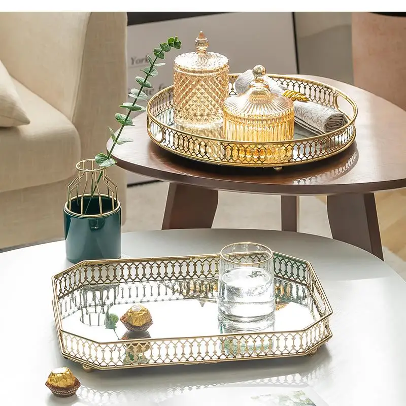 European Style Light Luxury Household Metal Mirror Tray Wedding Decoration Rectangular Round Cosmetic Storage Box