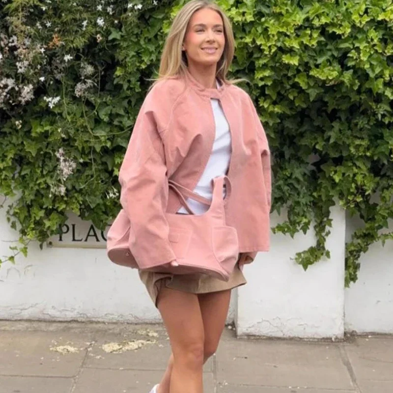 Tornova Fashion Suede Long Sleeve Jacket Women's Stand Collar Vintage Zipper Casual Loose Coat Autumn New Lady High Street Coat