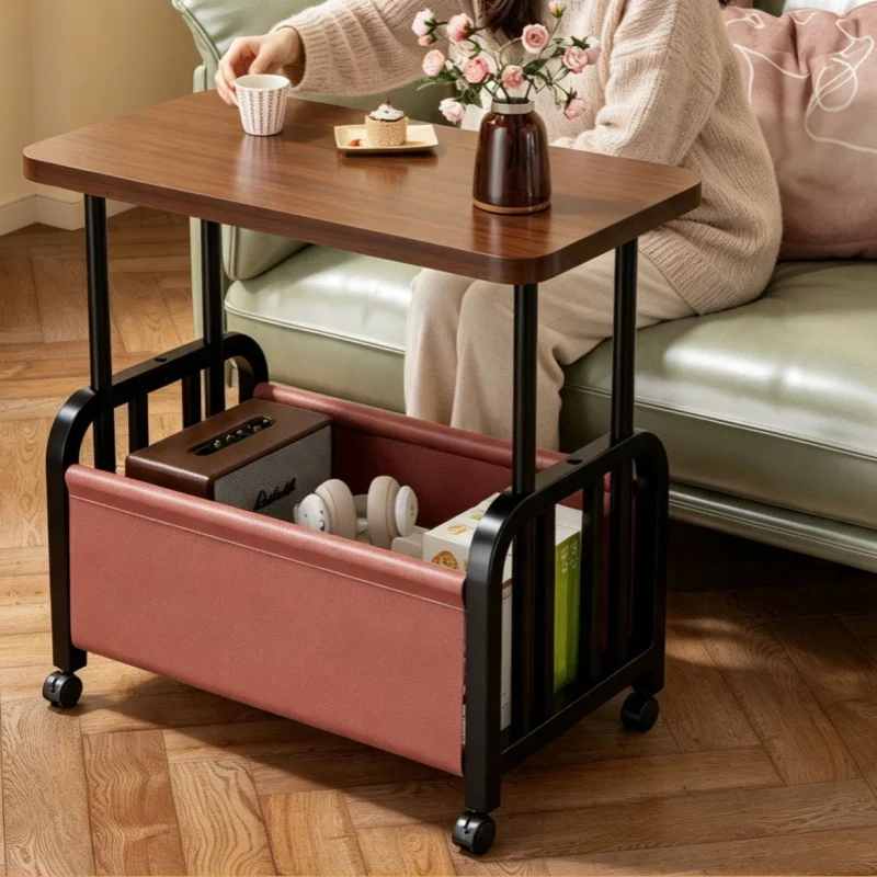 Sofa Side Table Movable Bedside Cabinet Storage Shelf Tea Table Mobile Small Cart elf with Wheels Home Use Storage with Basket