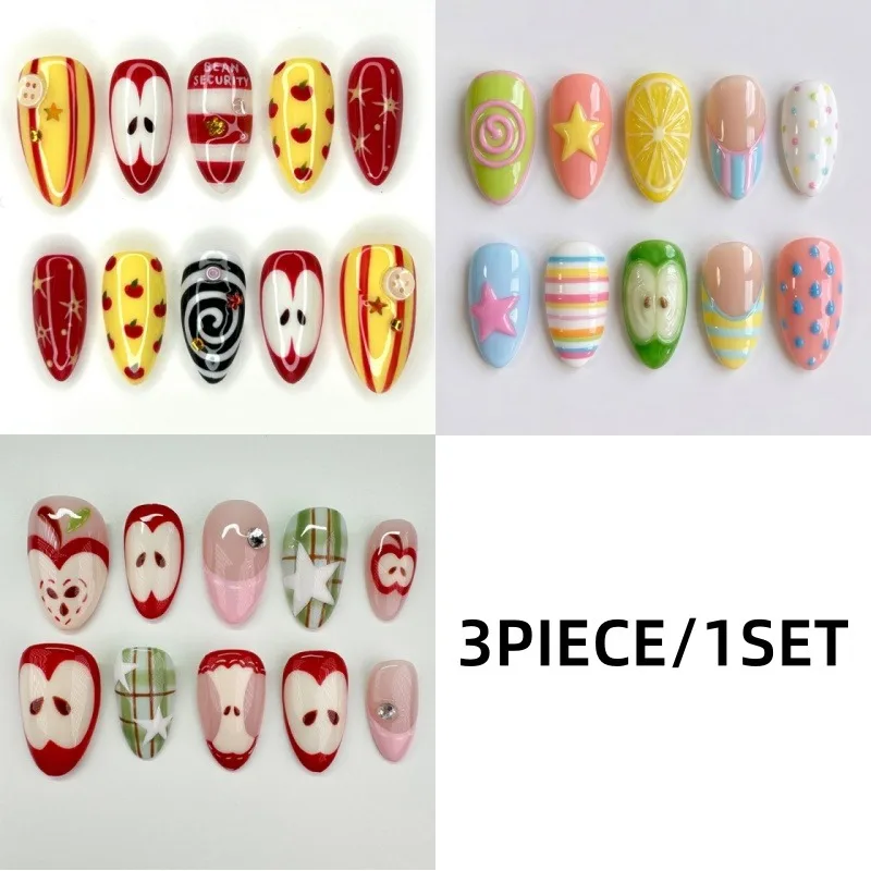 24PCS Almond Press on Nails Cute Cartoon Apple Red French False Nails Colorful Plaid Stripes Fake Nails Tips Full Cover Wearable