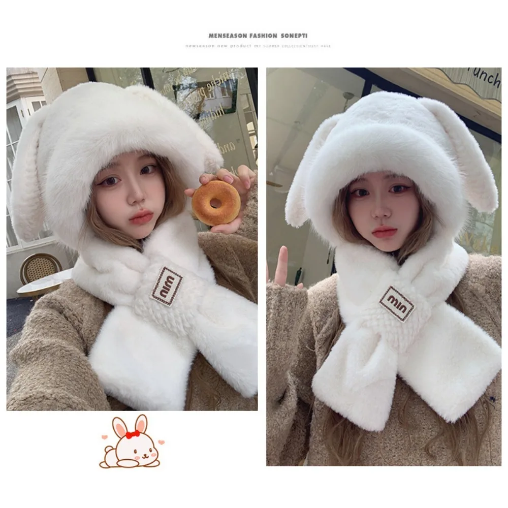 

2024 Thickened Plush Hat Scarf Gloves Set Cute Rabbit Ear Winter Warm Women Beanies Cap Hat Cycling