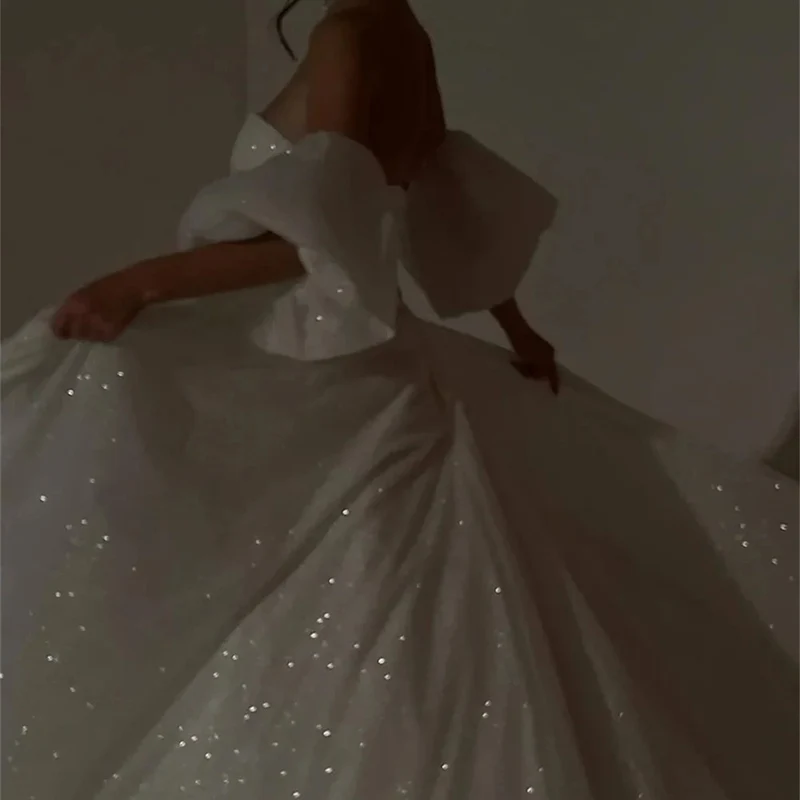 Robe de mariée scintillante, sans bretelles, en forme de cœur, en Tulle scintillant, ligne a, manches bouffantes détachables