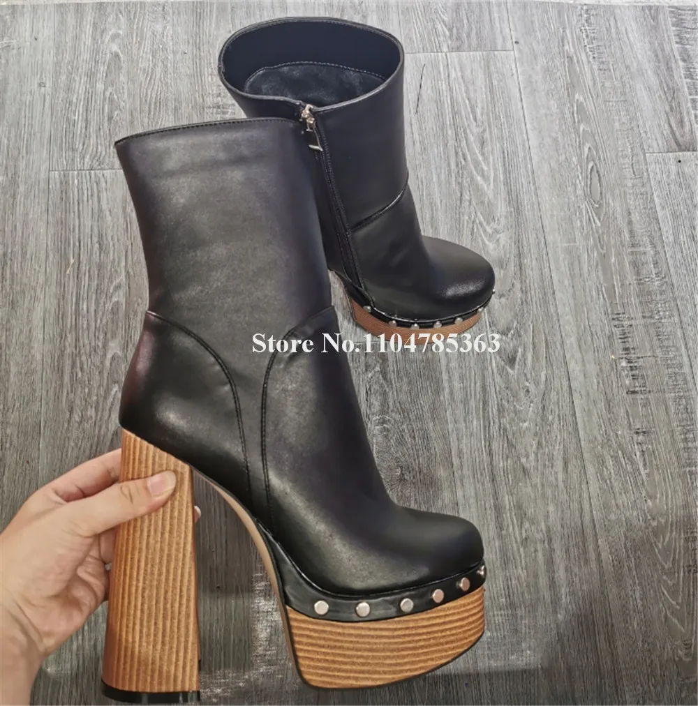 Fashion Wooden High Platform Chunky Short Boots Round Toe Black Pattern Leather Zipper-up Thick Heel Ankle Booties Big Size