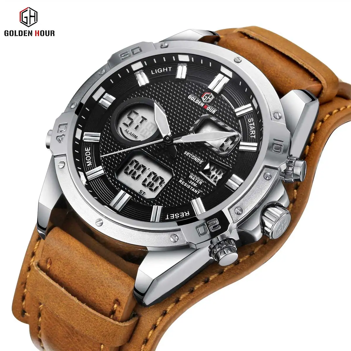 GOLDENHOUR Silberne Luxus-Herrenuhr, LED, leuchtend, Wochendatum, Dualzeit, Alarm, digitale Quarz-Armbanduhr, Business, Sport, Freizeit, Reloj