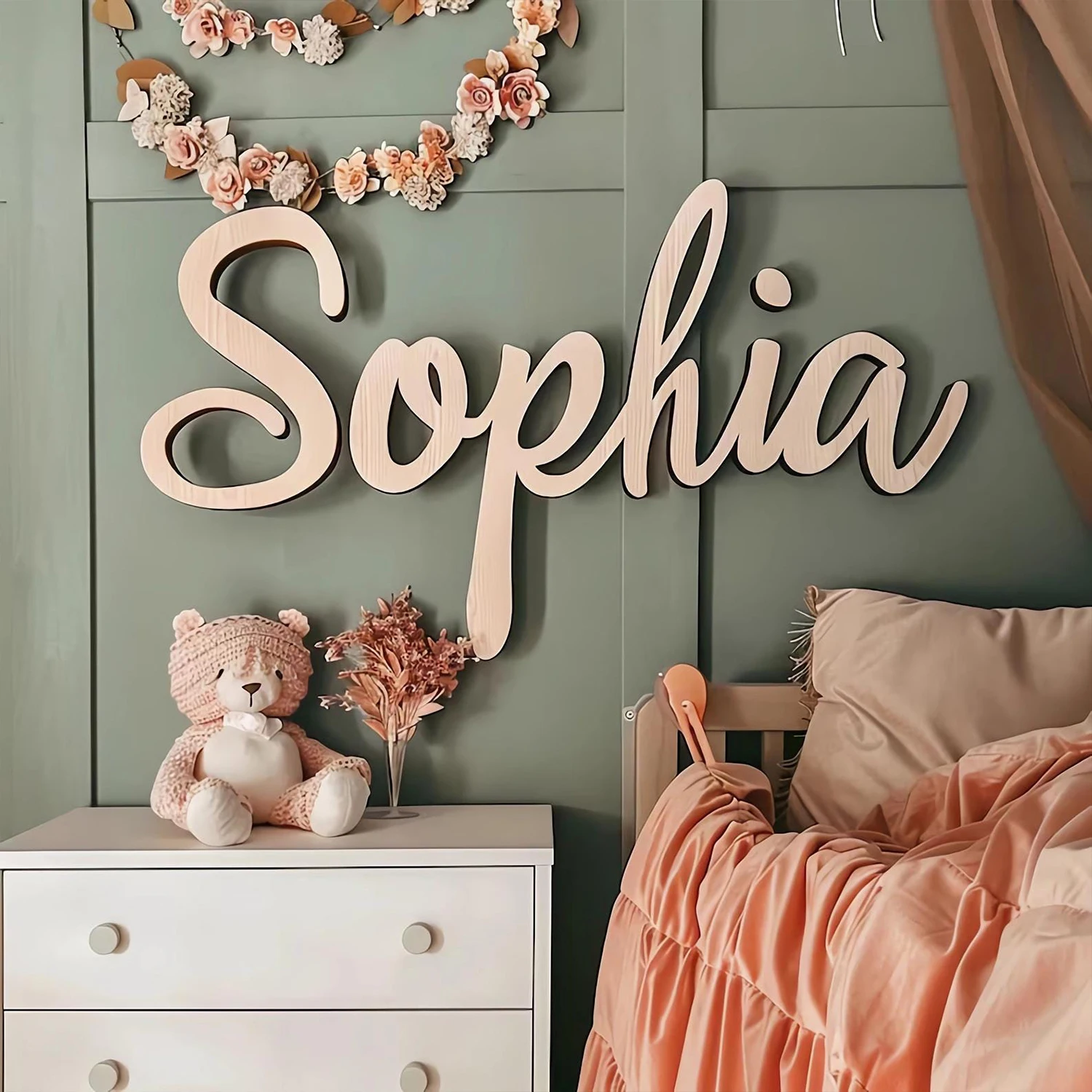 1 Stück personalisierte, individuelle Namensmarke aus Holz, mehrfarbig wählbar, individueller Inhalt, Namensschild für Babyzimmer und Wanddekoration