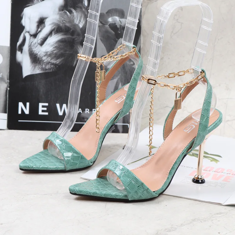 

Women's Sandals 2022 Summer New High Heel Open Toe Patent Leather Chain Thin Heels Green Fashion Party Sexy Women's Shoes 10CM