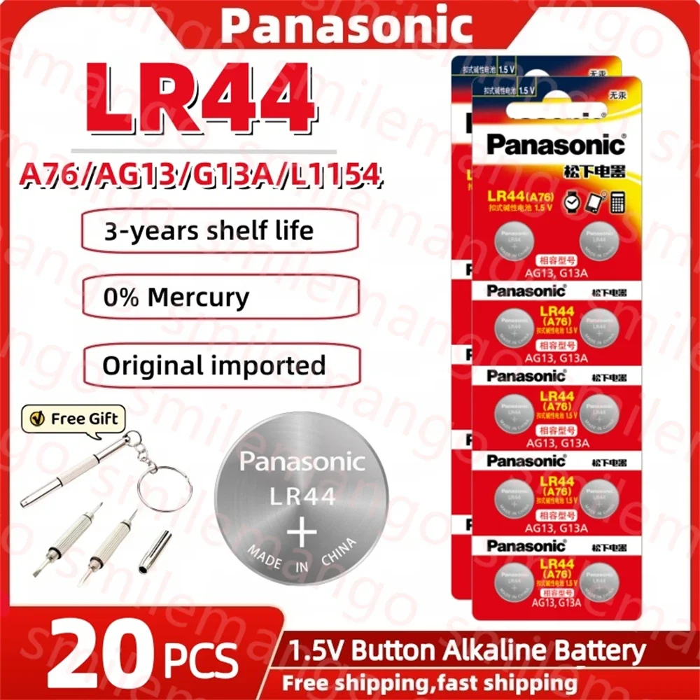 20PCS Panasonic A76 LR44 AG13 357 SR1154 SR44 LR 44 1.5V Alkaline Batteries For Watch Calculator Toy Remote Button Coin Cell