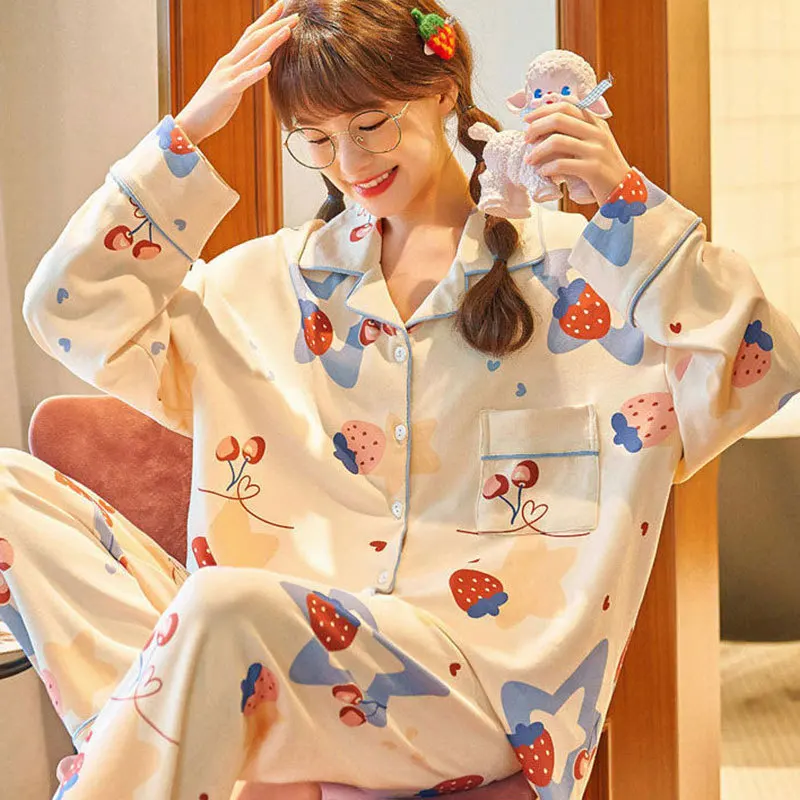 Women\'s Two-Piece Pajamas Korean Version Of The Japanese Style Spring And Autumn Long-Sleeved Home Wear Casual Ladies Suit