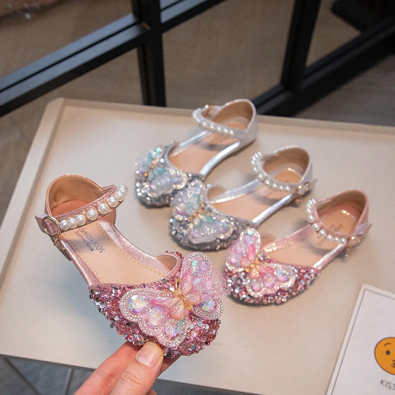 

2026 New Girls' Princess Shoes Big Bow Tie Rhinestone Girls Toe Sandals Soft Soled Leather Shoes Summer Size 21-36