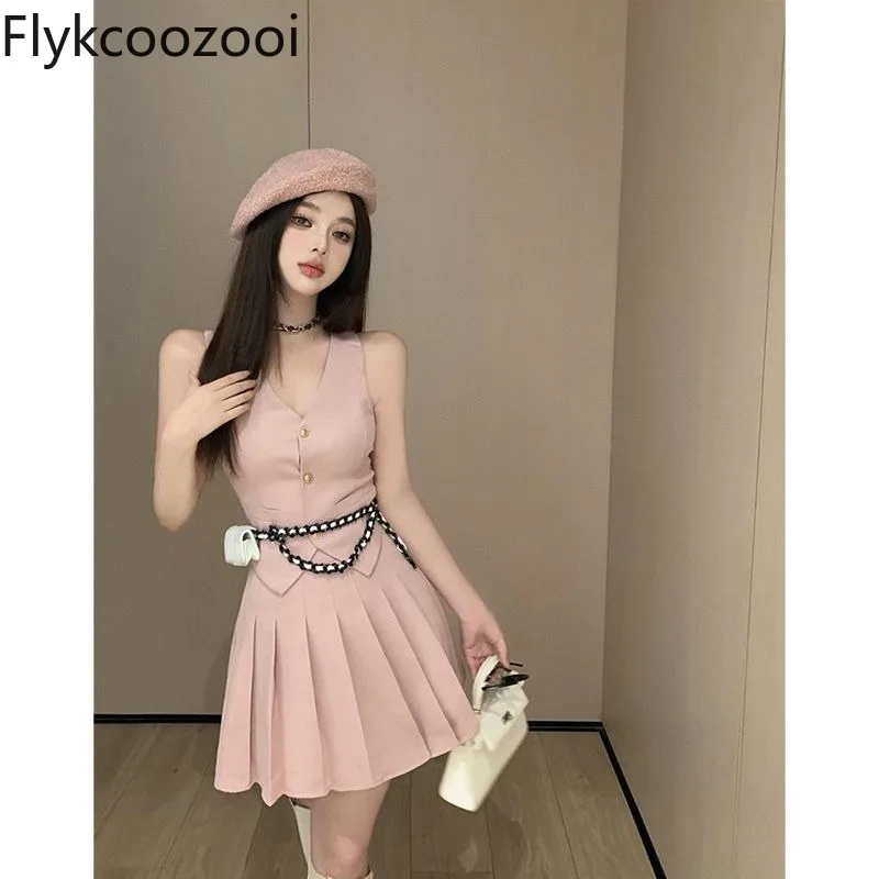 

Preppy Girls Sleeveless Tight Suit Vest Top Women Solid Empire-waisted Slim Pleated Short Skirt Summer Japanese Jk Outfits