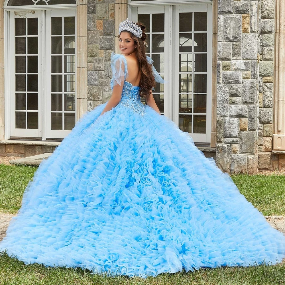 EVLAST Glam Blue Quinceanera Dress Ball Gown Ruffled Tulle Crystal Beaded Bow Strap corsetto Sweet 16 Vestidos Para XV aecos TQD119