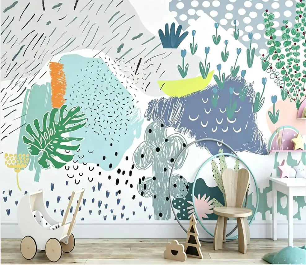 Customized mural Nordic minimalist color plant cartoon geometry art geometry bedroom living room background wall 3d wallpaper