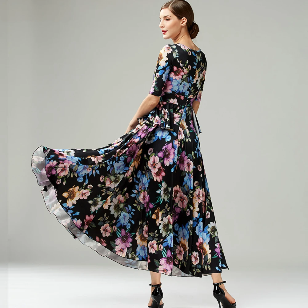 Costume da valzer Abito lungo nero Occasioni formali Manica corta Flamenco Girocollo Sala da ballo Abito da spettacolo blu