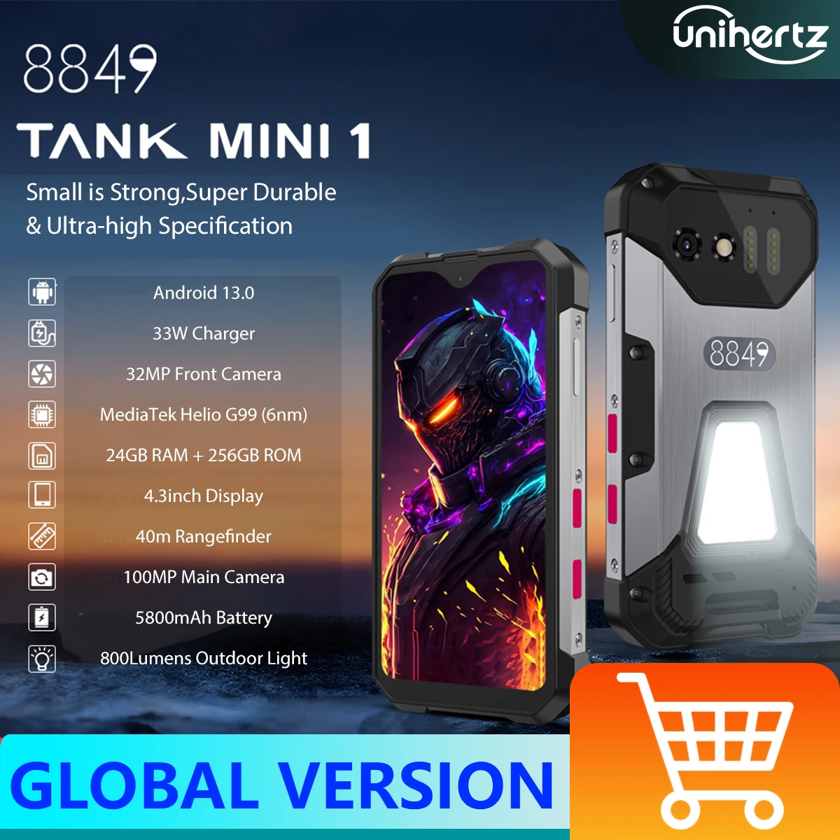 Unihertz 8849 Tank Mini,Rugged Smartphone Android 13,24GB 256GB,4.3-inch Display,Helio G99 Octa-core,1000MP Camera,5800mAh,IP68