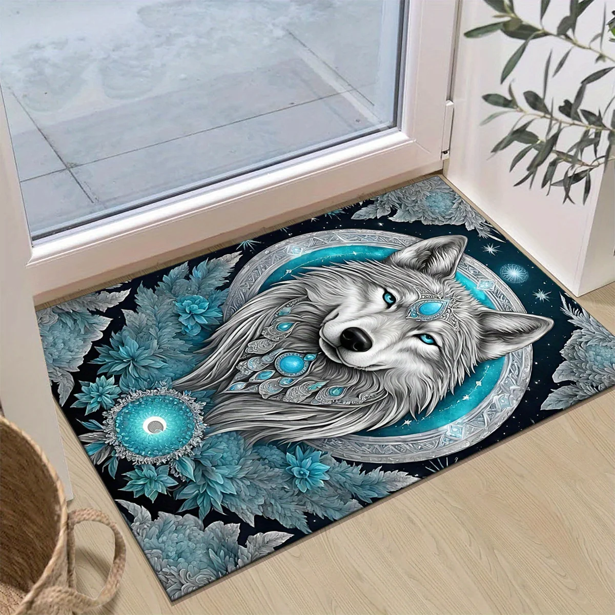 

1pc Wolf print pattern carpet, crystal velvet fabric, suitable for bedroom and living room decoration