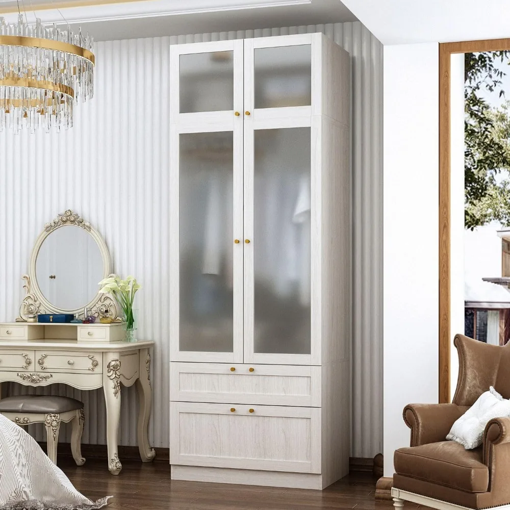 Wardrobe Closet with 2 Acrylic Glass Doors, Armoire Wardrobe Closet, Top Cube Storage, Closet for Bedroom Wood Grain