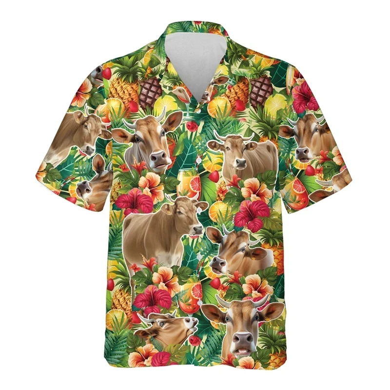 Brownswiss Cow 3D Print Men's Shirts Clothes Hawaiian Animal Cattle Graphic Beach Shirt Funny Swiss Cow Head Blouses Boy Tops