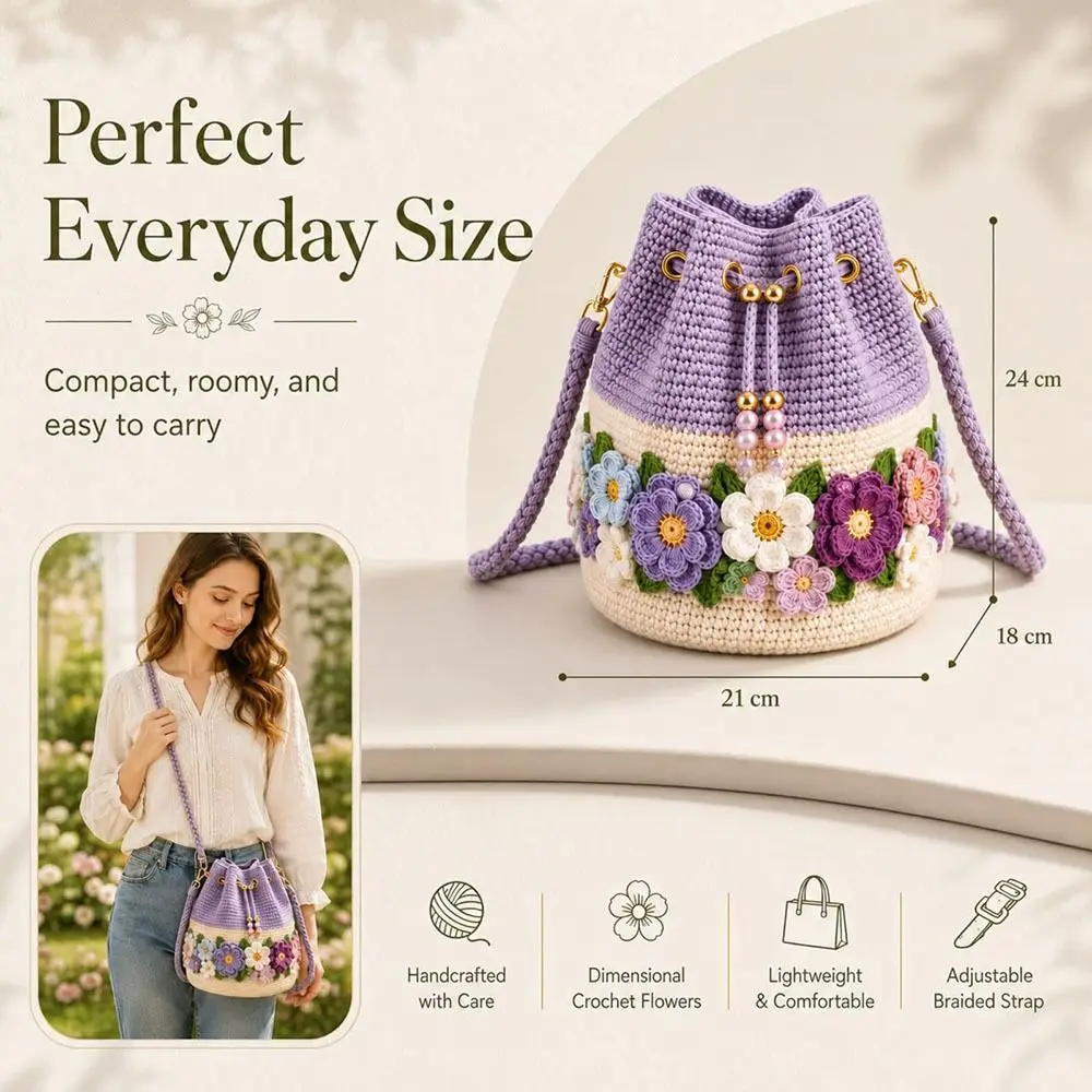 Cotton Yarn Crochet Flower Bucket Bag 3D Crochet Flowers Drawstring Closure Flower Handbag Handmade Lightweight