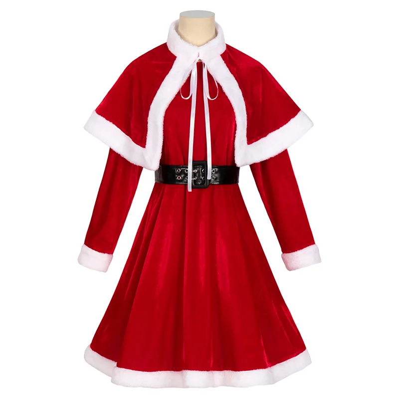 Christmas Party Adult Women Cosplay Dress Cape Shawls Santa Costume Red Velvet Cute XMas New Year Party Dress Christmas Outfit