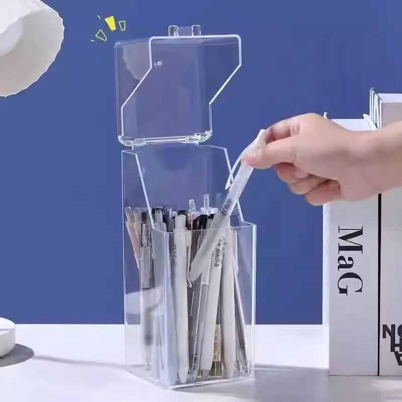 Transparent Acrylic Pen Holder Makeup Brush Storage Box With Lid Dustproof Desktop Organizer For Jewelry Cosmetics Office Suppli