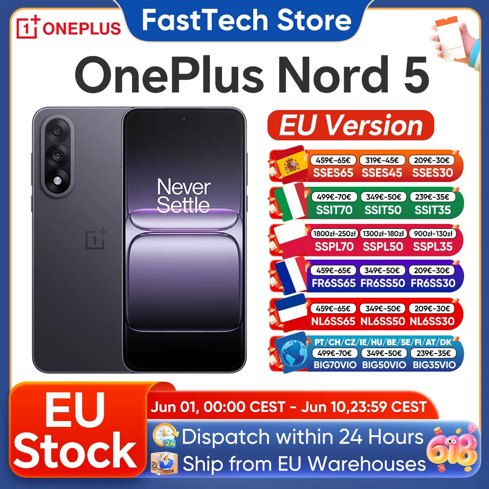 Nouveau smartphone OnePlus Nord 5 5G Snapdragon ™   8s Gen 3, écran AMOLED 6,83 pouces, 144 Hz, 5200 mAh, 80 W SUPERVOOC, double appareil photo 50 MP