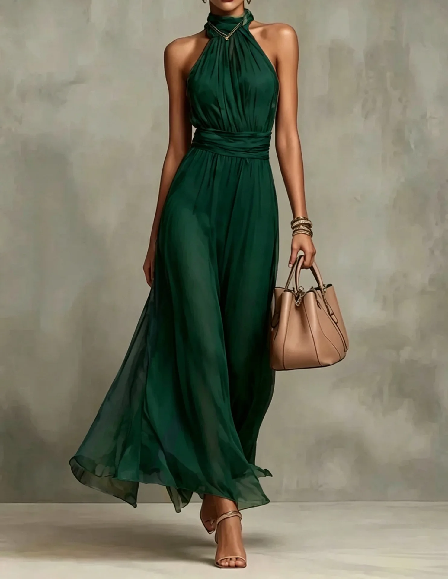 Vintage Maxikleid aus Chiffon mit Neckholder, ärmellos, rückenfrei, hoher Taille, Schlitz, fließend, mit floralem Aquarellmuster für Abend und Hochzeit – Detail 16