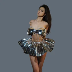 Women Luxury Two Piece Set Silver Sequins Rhinestone Outfit Sexy Backless Shiny Party Dress Stage Performance Costume Feidie