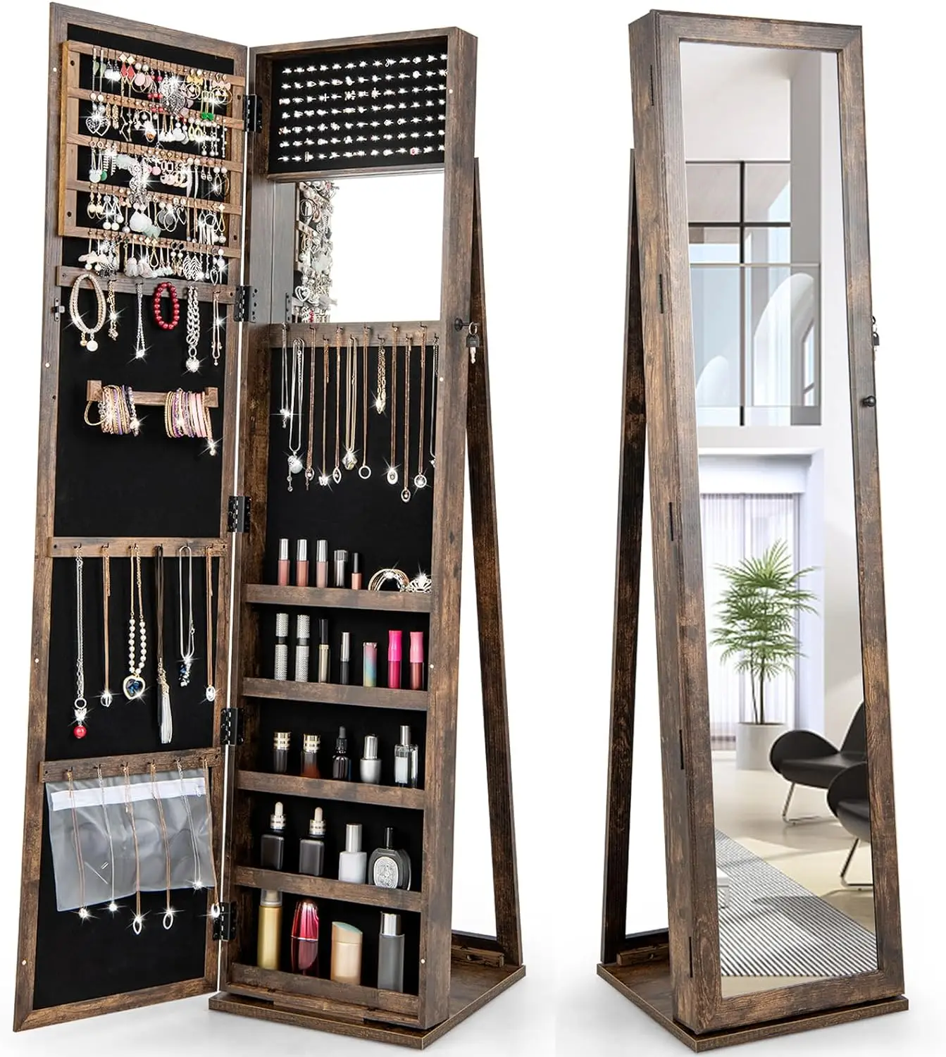 

Jewelry Armoire with Higher Full Length Mirror,Lockable Cabinet Organizer with Large Storage Capacity,Stable Base, Easy Assembly