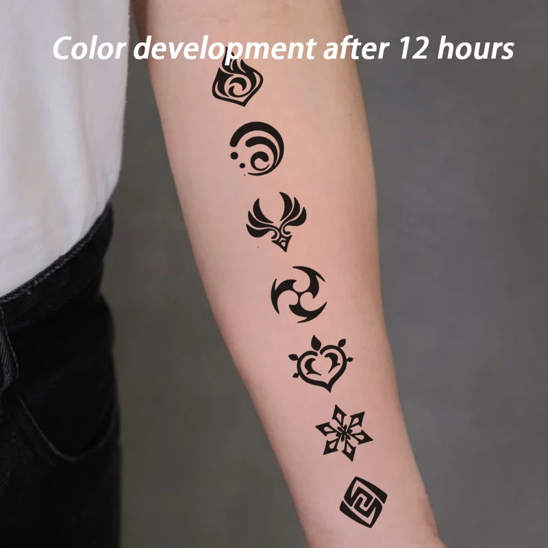 Genshin Impact Fire Attribute Long Line Herbal Juice Tattoo Sticker For Men Woman Henna Tattoo Fake Tattoos Y2k Hotwife Bodyart