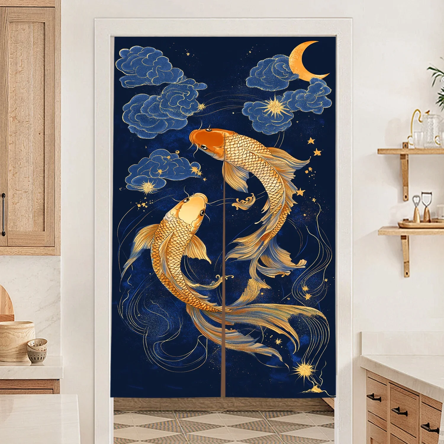 1 piece Feng Shui Koi pattern door curtain, polyester fabric, machine washable, suitable for bedroom and living room decoration