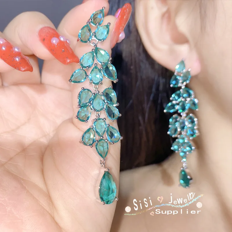 

ML-YSS Moissanite Style Sisi Peacock Green Drop Earrings 18K Gold Plated Emerald Drop Zirconia Full Diamond Tassel Earrings