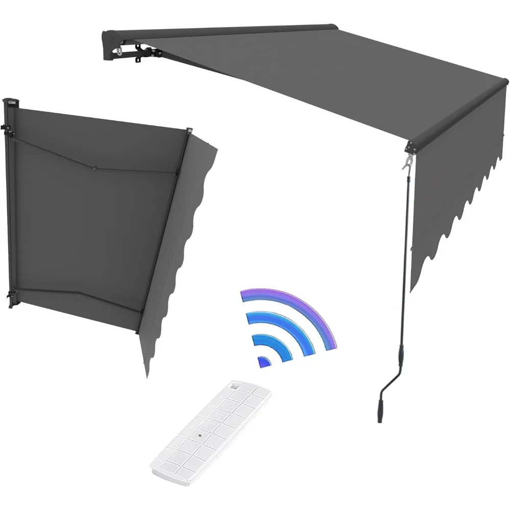 

Motorized Patio Awning Retractable Full Assembled Outdoor Sunshades with Extendable Front Valance and Protective Cover