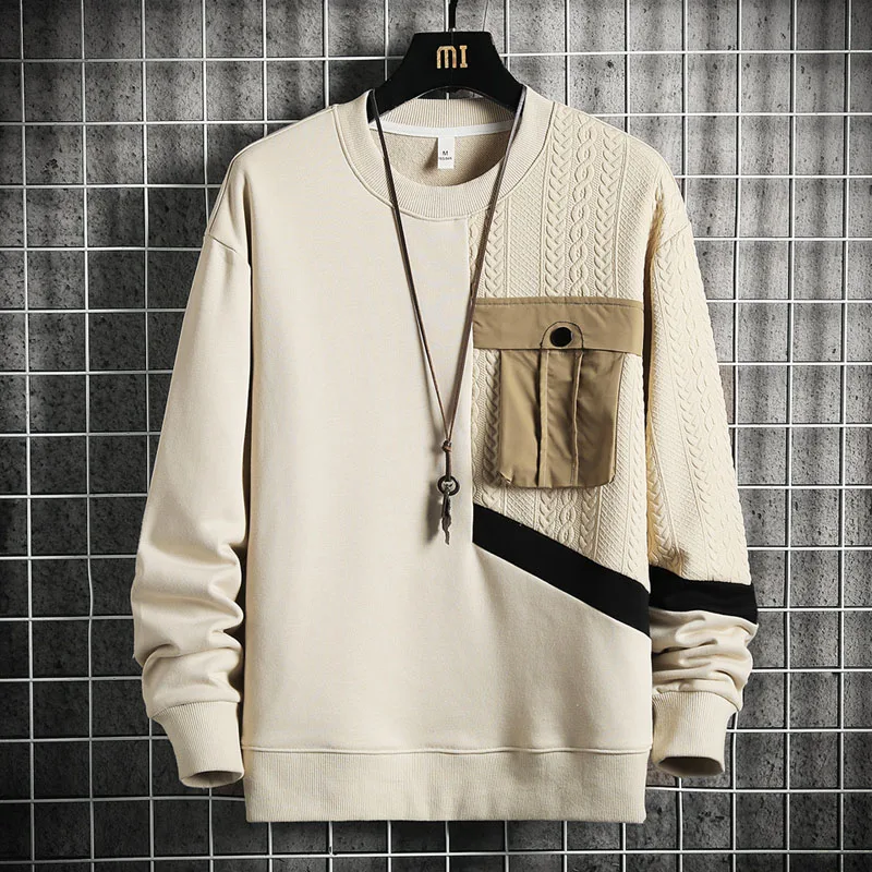 Men's Clothing 2023 Autumn and Winter New Splicing Pockets Fashion Stripe Long Sleeve Round Neck Loose Versatile Trend Pullover
